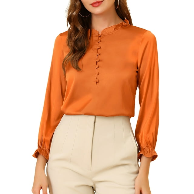 INSPIRE CHIC Women's Ruffle Neck Bubble Sleeve Elastic Cuff Button Work Office Blouse