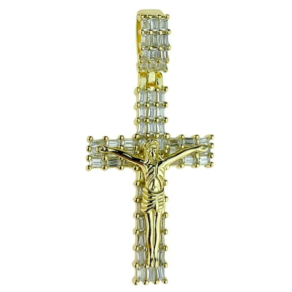 14K Gold Plated On Real 925 Silver Jesus Crucifix Cross Baguette Iced Pendant 1" Inch