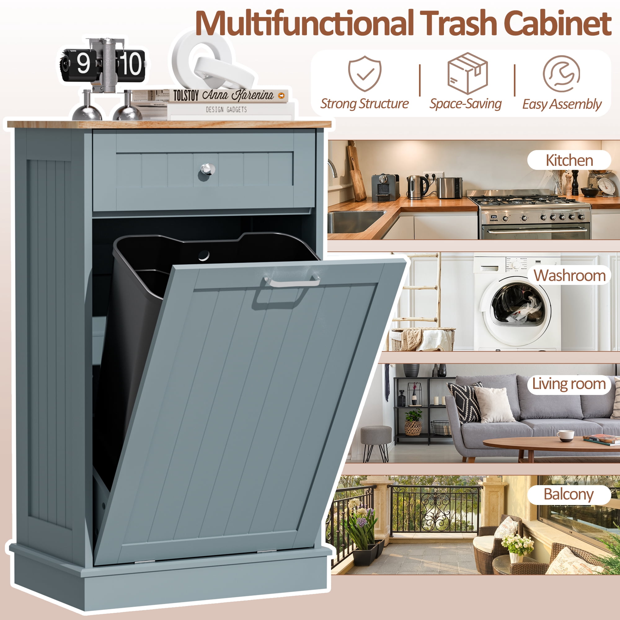 AHB 13 Gallon Single Tilt Out Trash Cabinet with Drawer, Freestanding Kitchen Trash Can Storage Organizer, 20.9"L x 13.55"W x 38.5"H, Blue