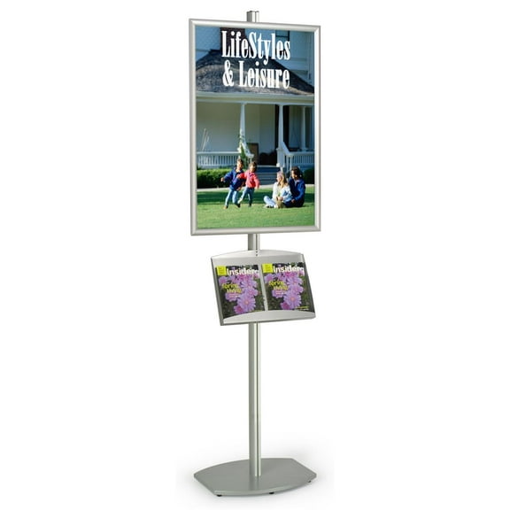 Brushed Aluminum Poster Stand And Literature Dispenser, 22 x 28-Inch Snap Frame, Weighted Base, Powder-coated Steel Literature Tray, 22 x 72 x 17-Inch (AP2228LH)