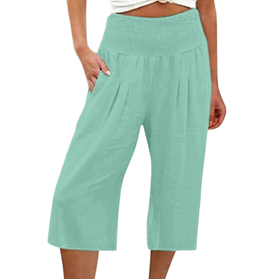 Capreze Capri Pants for Womens Loose Capris Palazzo Wide Leg Pant Summer Casual Solid Color Baggy Crop Trousers Emerald 2XL