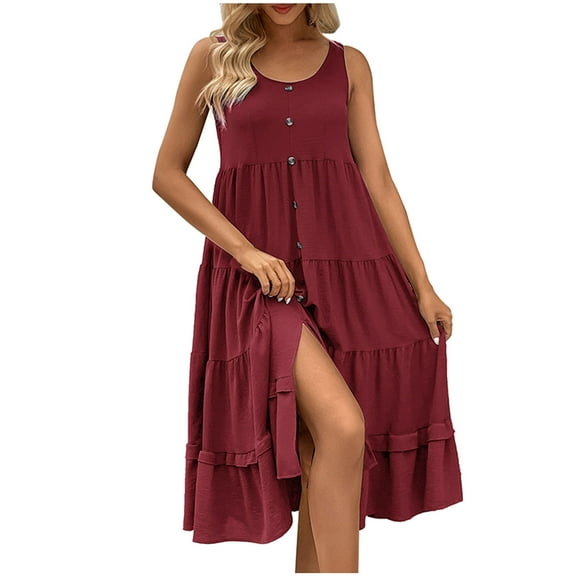 Diufon Summer Dresses for Women Round Neck Sleeveless Button down Pleated Dress Hem Split Dress
