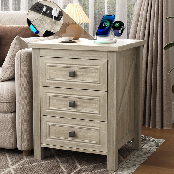 NEGYLIM Nightstand with Drawer for Bedroom, Farmhouse End Table with Charging Station, Wood Side Table with Storage Drawer for Living Room,Gray