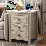 NEGYLIM Nightstand with Drawer for Bedroom, Farmhouse End Table with Charging Station, Wood Side Table with Storage Drawer for Living Room,Gray