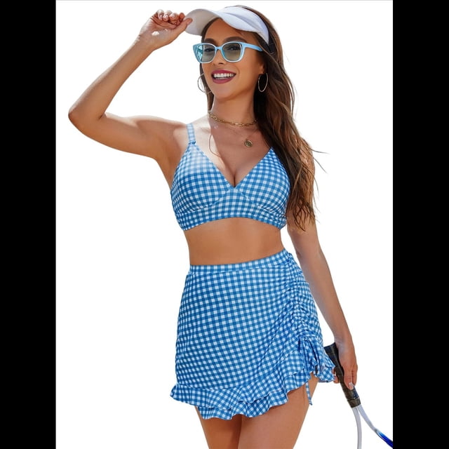 Traje de Baño de Cintura Alta para Mujer, Falda de Baño de Dos Piezas con Control de Abdomen, Conjunto de Bikini Retro 2025. Azul XL