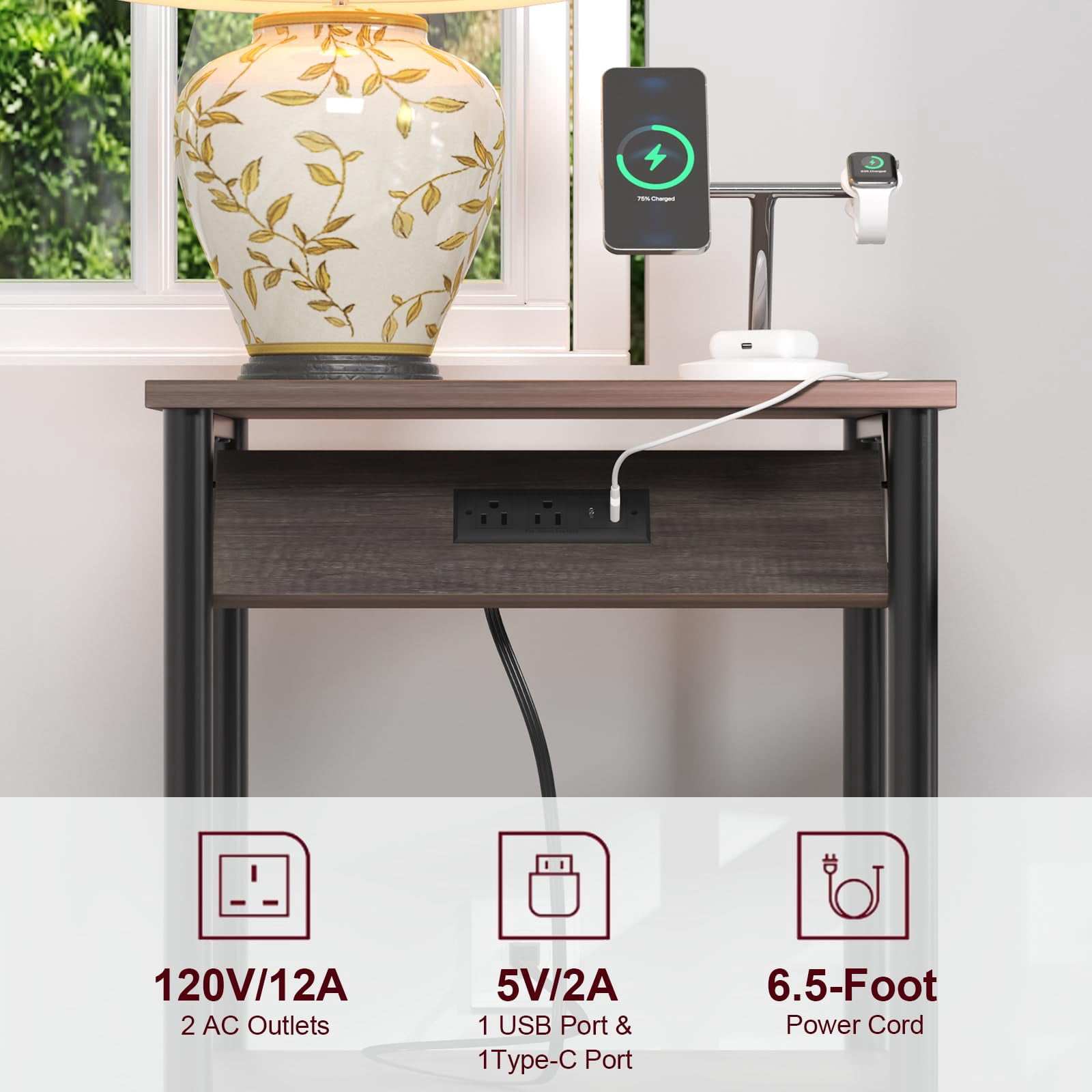 LoVinson Nightstand with Charging Station for Bedroom, Set of 2