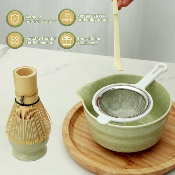 Evjurcn 5Pcs Matcha Whisk Set Reusable Matcha Tea Set with Ceramic Match Bowl Matcha Whisk Holder Bamboo Matcha Scoop Matcha Whisk Stainless Steel Matcha Sifter for Tea Lovers