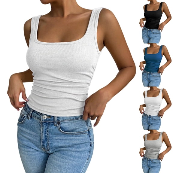 HuangHuanChen Womens Tank Tops U Neck Ribbed Thin Shoulder Strap Sleeveless Top for Women Solid Color Basic Tee Crop Top Summer Fashion Clothing White M