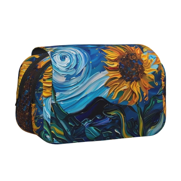 Kdxio Starry Night Sunflower Field Print Pen Case Double Clamshell Durable Oxford Fabric Organizer for School Travel Art Supplies