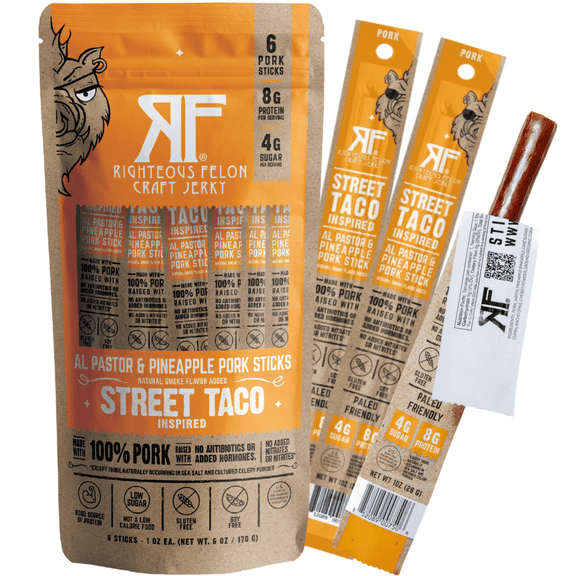 Righteous Felon Meat Sticks - Gluten Free & Keto Pork Sticks, Protein Snacks, Street Taco, 6 pack