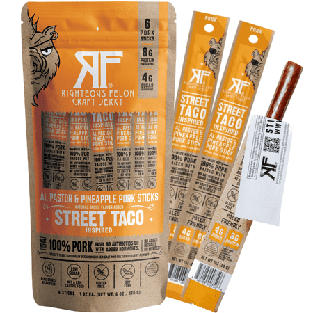 Righteous Felon Meat Sticks - Gluten Free & Keto Pork Sticks, Protein Snacks, Street Taco, 6 pack