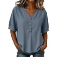 thumbnail image 2 of ClodeEU Women's Linen Blend V Neck Short Sleeve Blouse, Casual Solid Color Loose Fit Summer Shirt Blue,Women's Plus L, 2 of 8