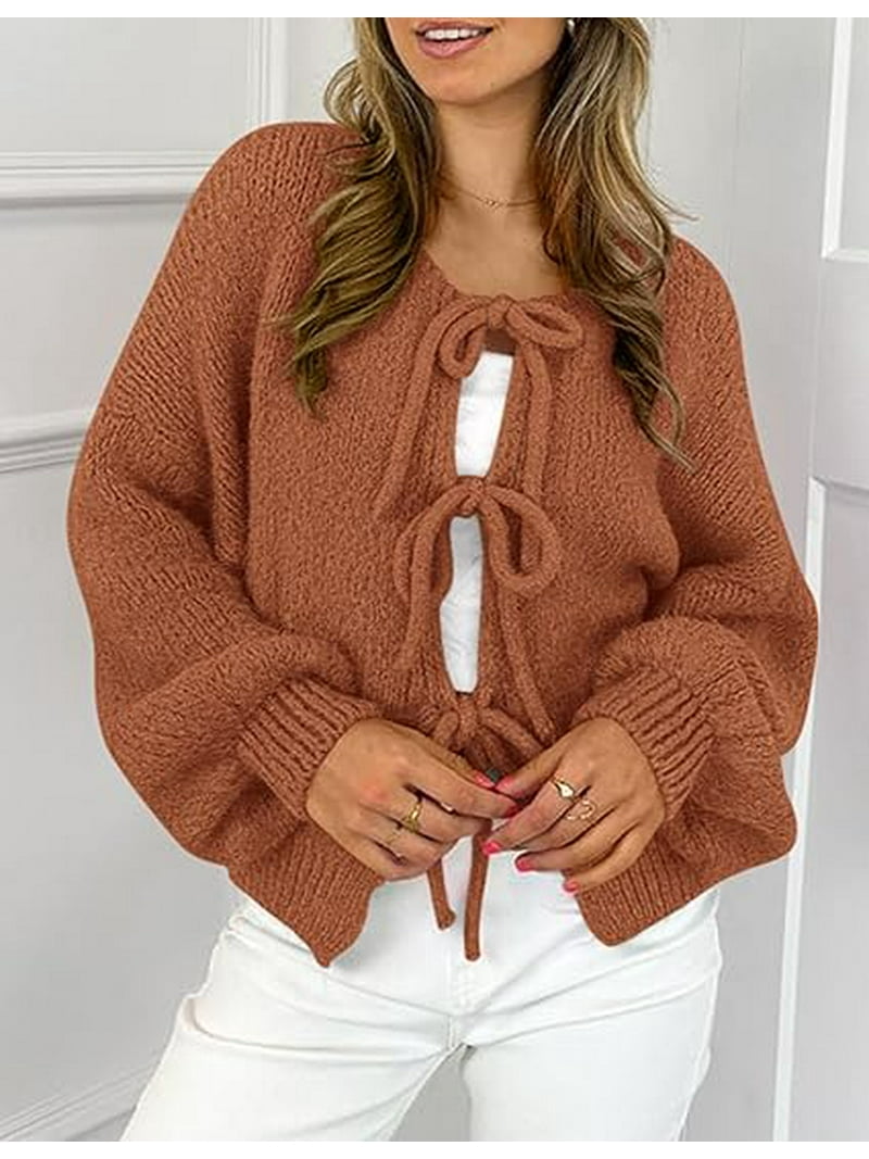 PRETTYGARDEN Women's Tie Front Bow Cardigan Sweaters Chunky Knit
