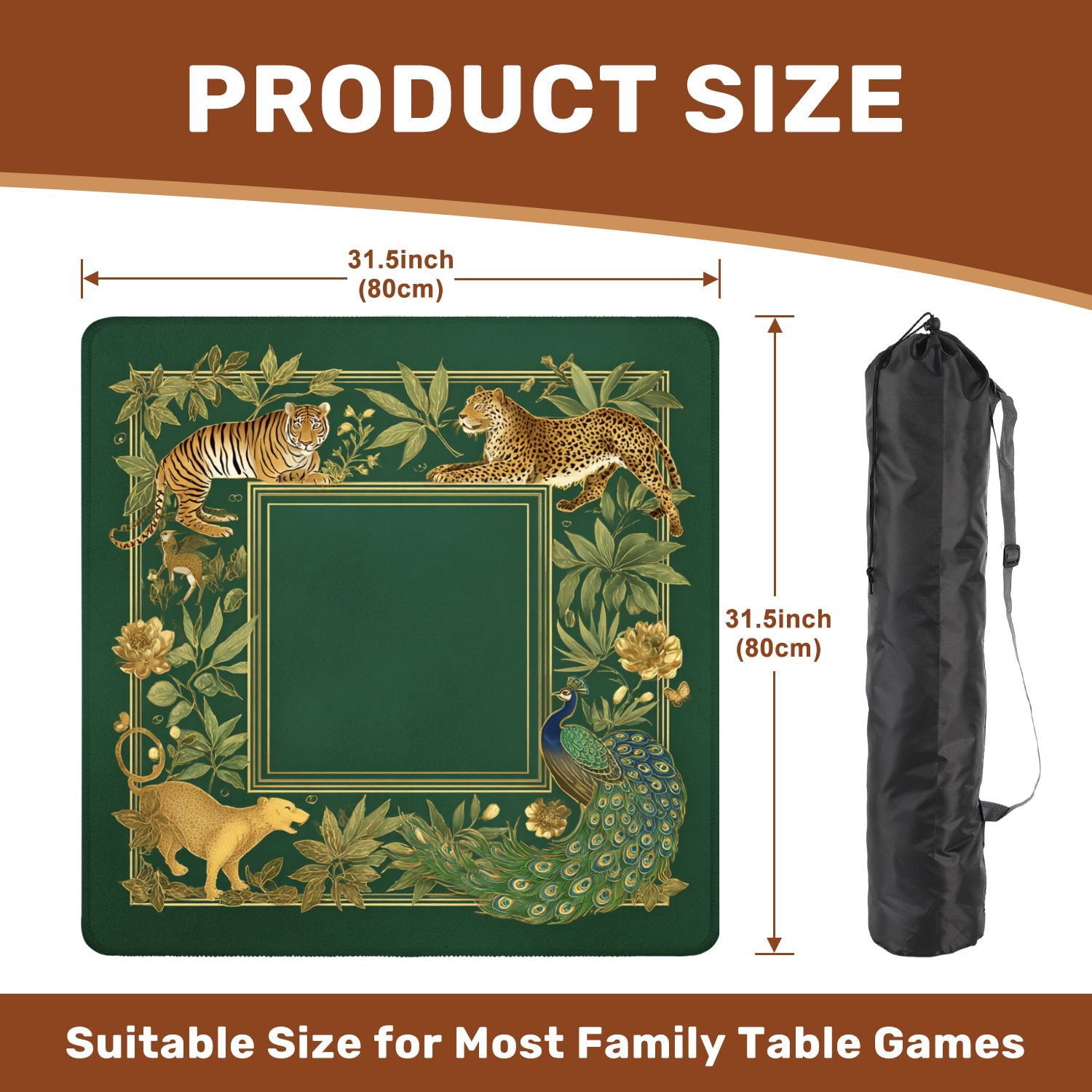 Mahjong Mat 31.5" x 31.5" Tropical Jungle Wildlife Tiger Leopard Peacock Golden Frame Non-Slip Noise Reduction American Mahjong Tiles Table Cover for Dominoes Poker Card Board Games Gift