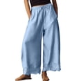 thumbnail image 2 of Women Cotton Lace Trim Wide Leg Pants Summer Casual Cropped Drawstring Elastic Waist Lightweight Trousers with Pockets, 2XL, 2 of 7