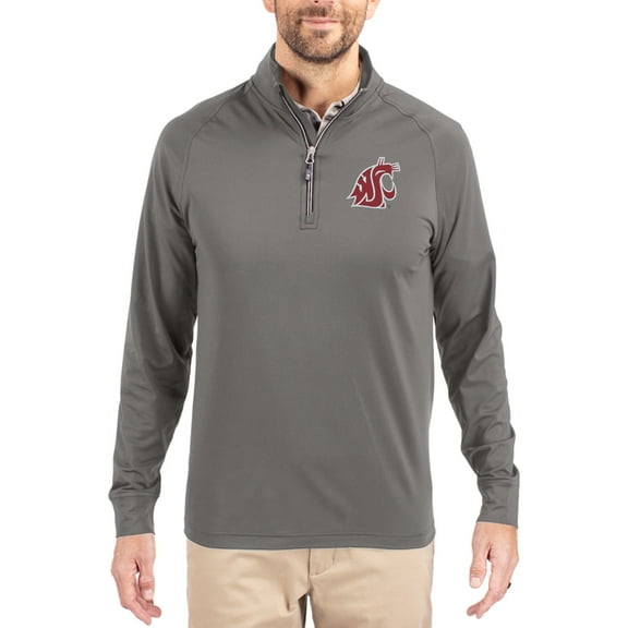 Men's Cutter & Buck Gray Washington State Cougars Primary Logo Adapt Eco Knit Stretch Raglan Quarter-Zip Pullover