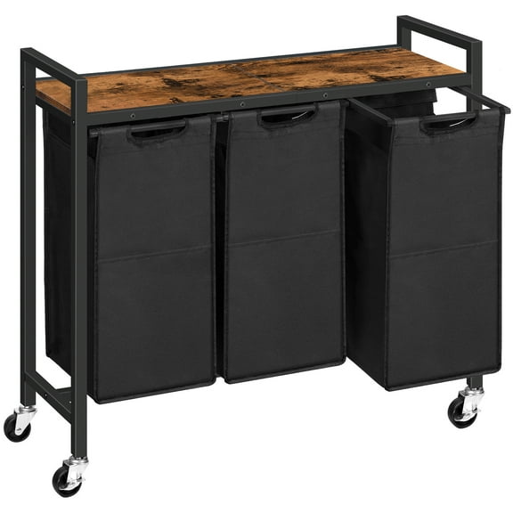 HOOBRO Laundry Sorter 3 Section, Laundry Hamper with Wheels, 3 × 11.5 Gal (43.5 L), Rolling Laundry Basket, Pull-Out and Removable Oxford Fabric Laundry Bags, Rustic Brown and Black BF76XY01