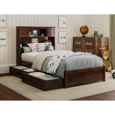 Hadley Twin Wood Platform Bed with Panel Footboard and Storage Drawers in Walnut