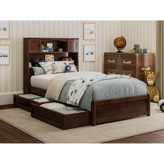 Hadley Twin Wood Platform Bed with Panel Footboard and Storage Drawers in Walnut