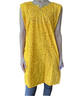 Mogul Women Tunic Dress Yellow Floral Cotton Sequin Work Summer Bohemian Sleeveless Blouse Kurti L