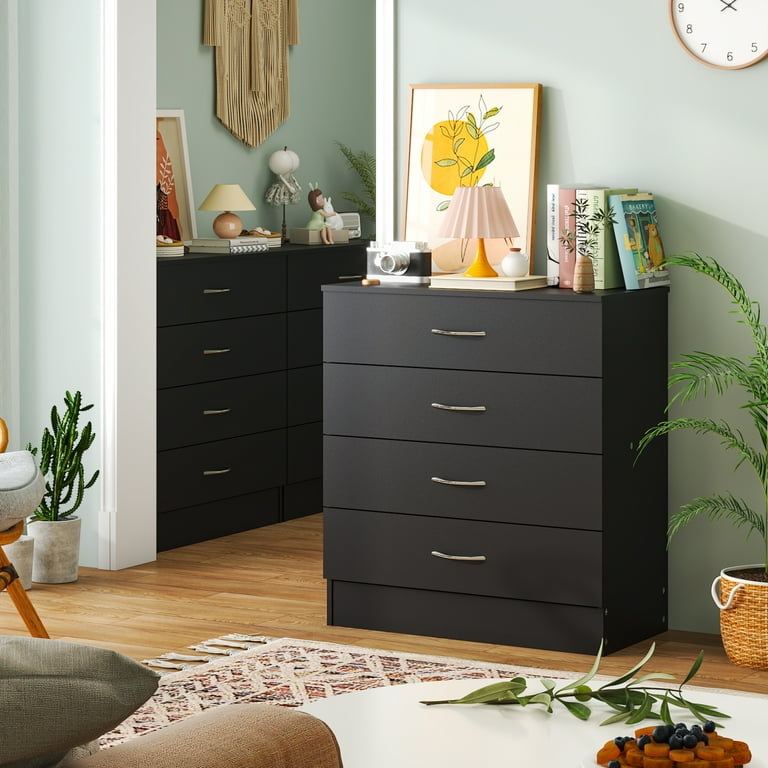 Ubesgoo Black Chest of Drawers Dresser Wood Organizer Cabinet, 4 Drawer Nightstand Side Table, Furniture for Bedroom