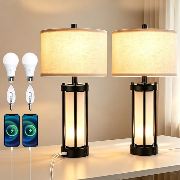 Anrotix Set of 2 Table Lamps, 24in Retro Bedside Lamp w/ USB Ports, Night Light, Bulbs Included