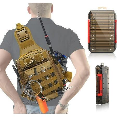 Aertiavty Compact Fishing Tackle Bag Fishing Bag with Tackle Box and Rod Holder Outdoor Sport Fishing Backpack Khaki