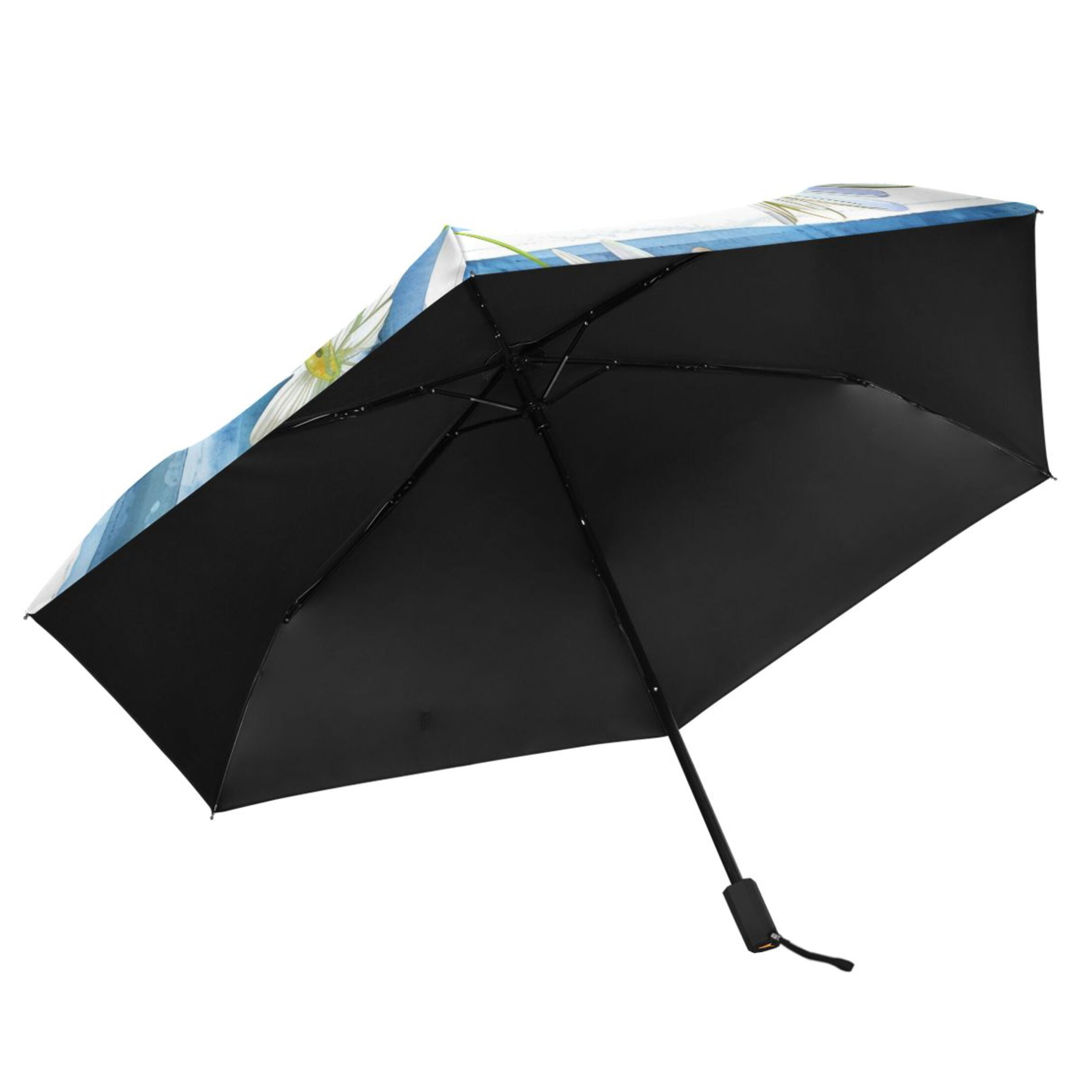 Daisy Flower on Blue White Stripes Compact Sun Umbrella Windproof Travel Umbrellas for Rain Strong Portable UV Protection