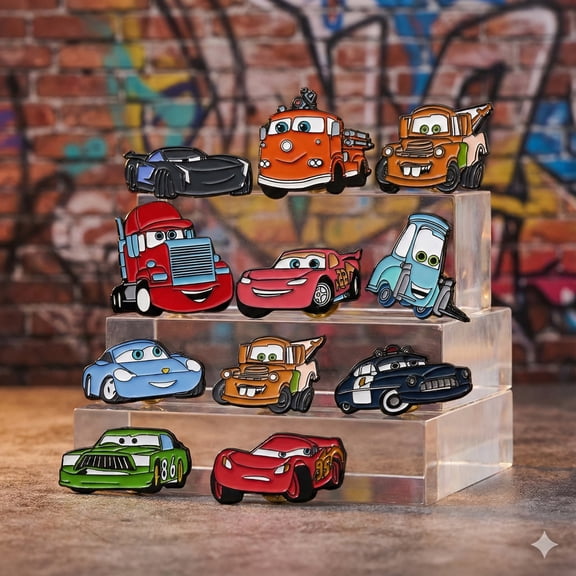 11-Piece Cartoon Vehicle Enamel Pin and Badge Set - Racing Theme Collectible Lapel Pins for Jackets, Bags & Hats