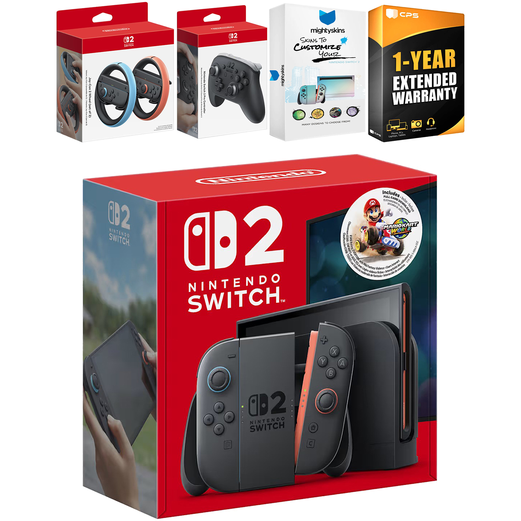 Nintendo Switch 2 Mario Kart World Bundle with Pro Controller, Joy Con Wheel, MightySkins Code and 1 CPS Year Extended Warranty