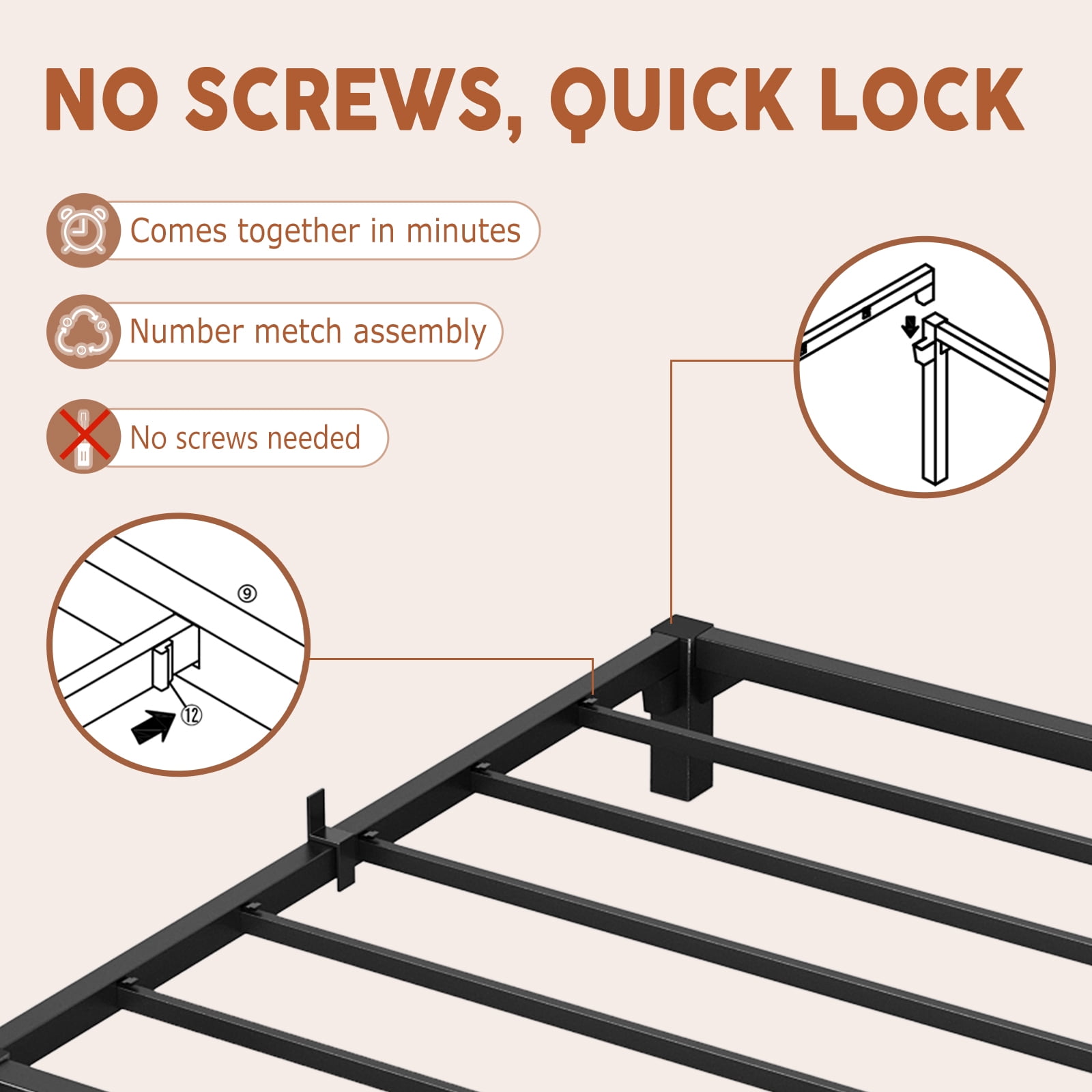 Amkui Twin Full Queen King Bed Frame, 6/8/10/12/14 Inch High Platform Bed Frame, Full Size with Storage Space, Heavy Duty Steel Slat Support, No Screws Needed, Easy Assembly, Black