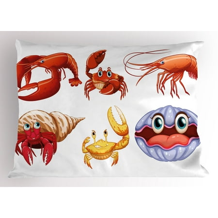 Crabs Pillow Sham Illustration of Sea Animals like Crab Hermit Crab Lobster Shells Shrimp Print, Decorative Standard Queen Size Printed Pillowcase, 30 X 20 Inches, Orange Yellow, by