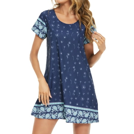 

HUBERY Women Floral Print Round Neck Short Sleeve Pullover Sleep Dress