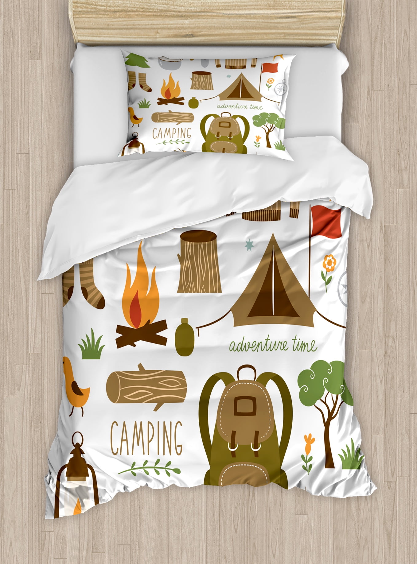Adventure Twin Size Duvet Cover Set Camping Equipment Sleeping Bag Adventure Twin Size Duvet Cover Set Camping Equipment Sleeping Bag Boots Campfire Shovel Hatchet Log Artwork Print Decorative 2 Piece Bedding With 1