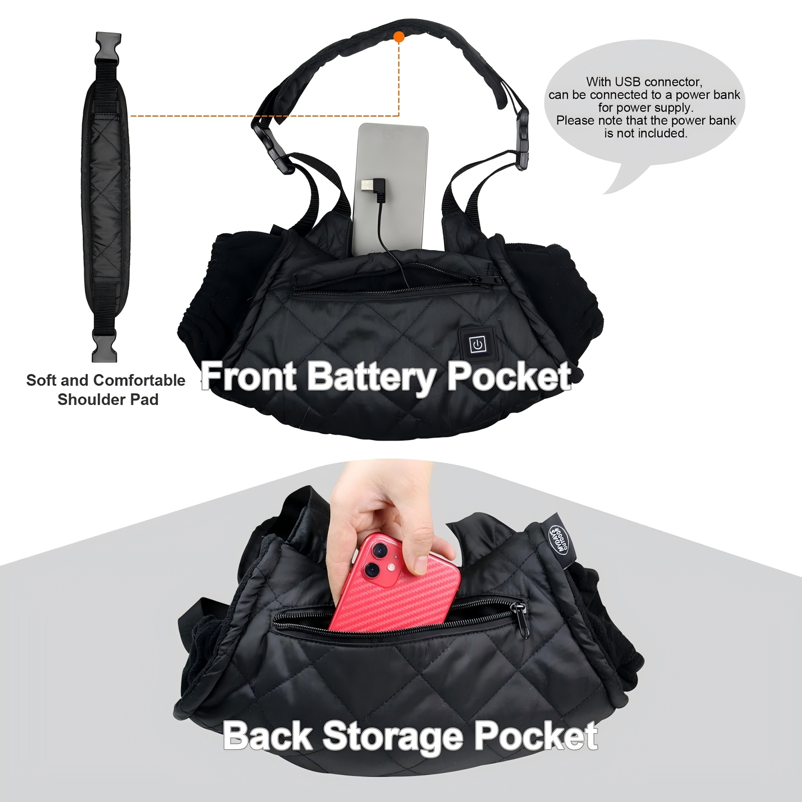 Heated Hand Warmer Pouch with Belt ,Electric Heated Waist Hand Muff for Men & Women Outdoor Use (Power Bank Not Included)