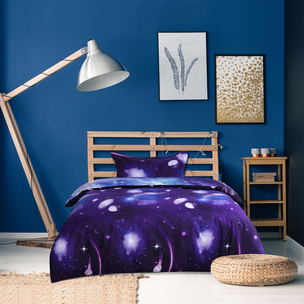 3 Pieces Galaxy Duvet Cover Bedding Set 3D Printed Quilt Cover Dark Purple Twin
