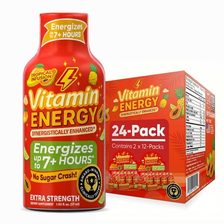 Vitamin Energy Tropical Infusion Extra Strength Energy Shot, 24 Pack - 260mg Natural Caffeine, BCAAs + CoQ10, Focus, Zero Sugar, 1.93 fl oz