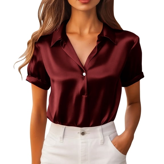 Stamzod Womens Blouses Satin Silk Shirts Short Sleeve Button Up Shirt Casual Business Work Tunic Tops Summer Outfits 2026 Wine B M