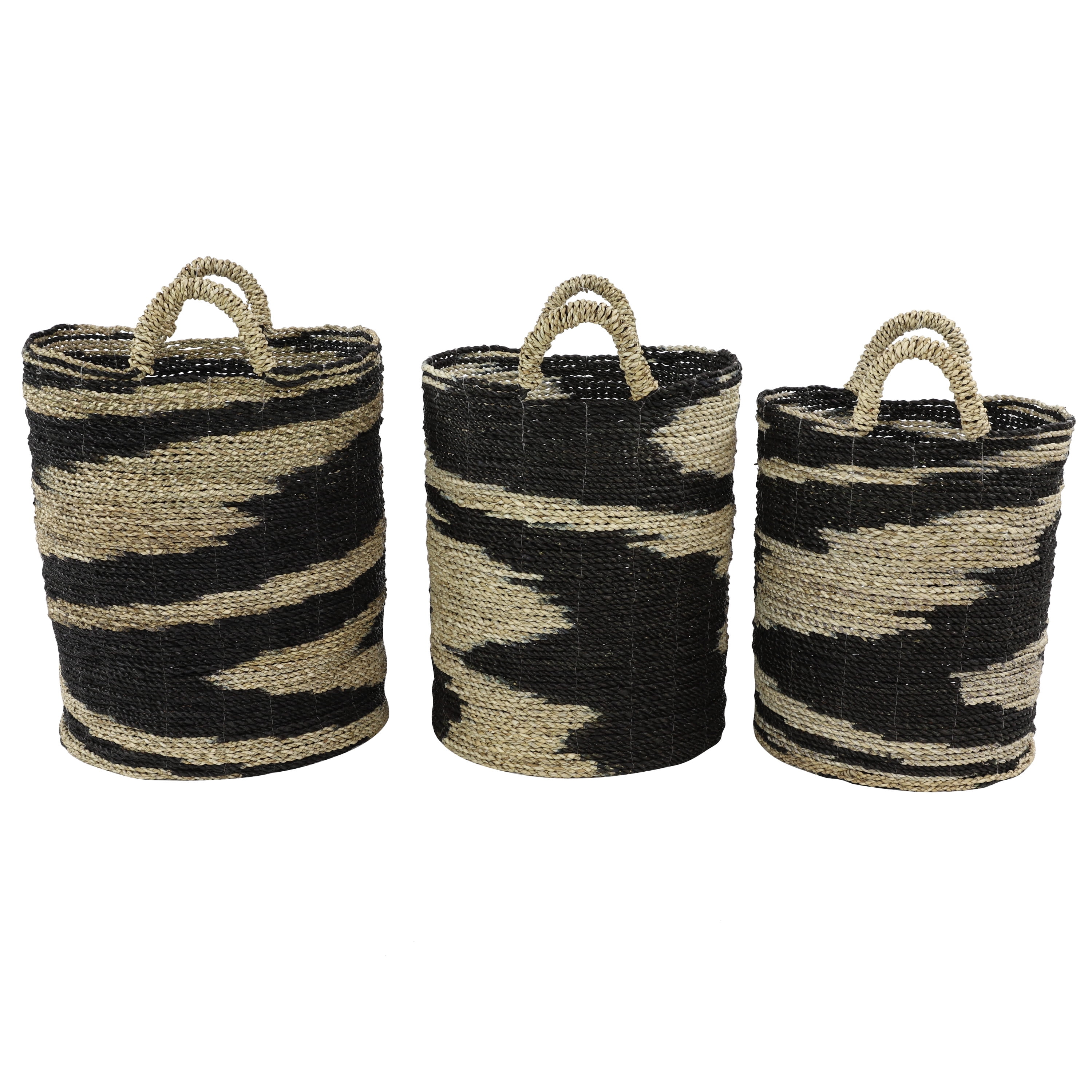 DecMode 18", 17", 16"H Black Seagrass Handmade Two Toned Storage Basket with Handles, 3-Pieces