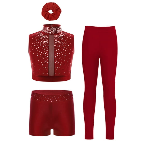 TTAO Kids Girls 4Pcs Gymnastics Dance Outfit Shiny Crop Top with Shorts Pants Hair Band Set for Jazz Latin Dance Burgundy 12