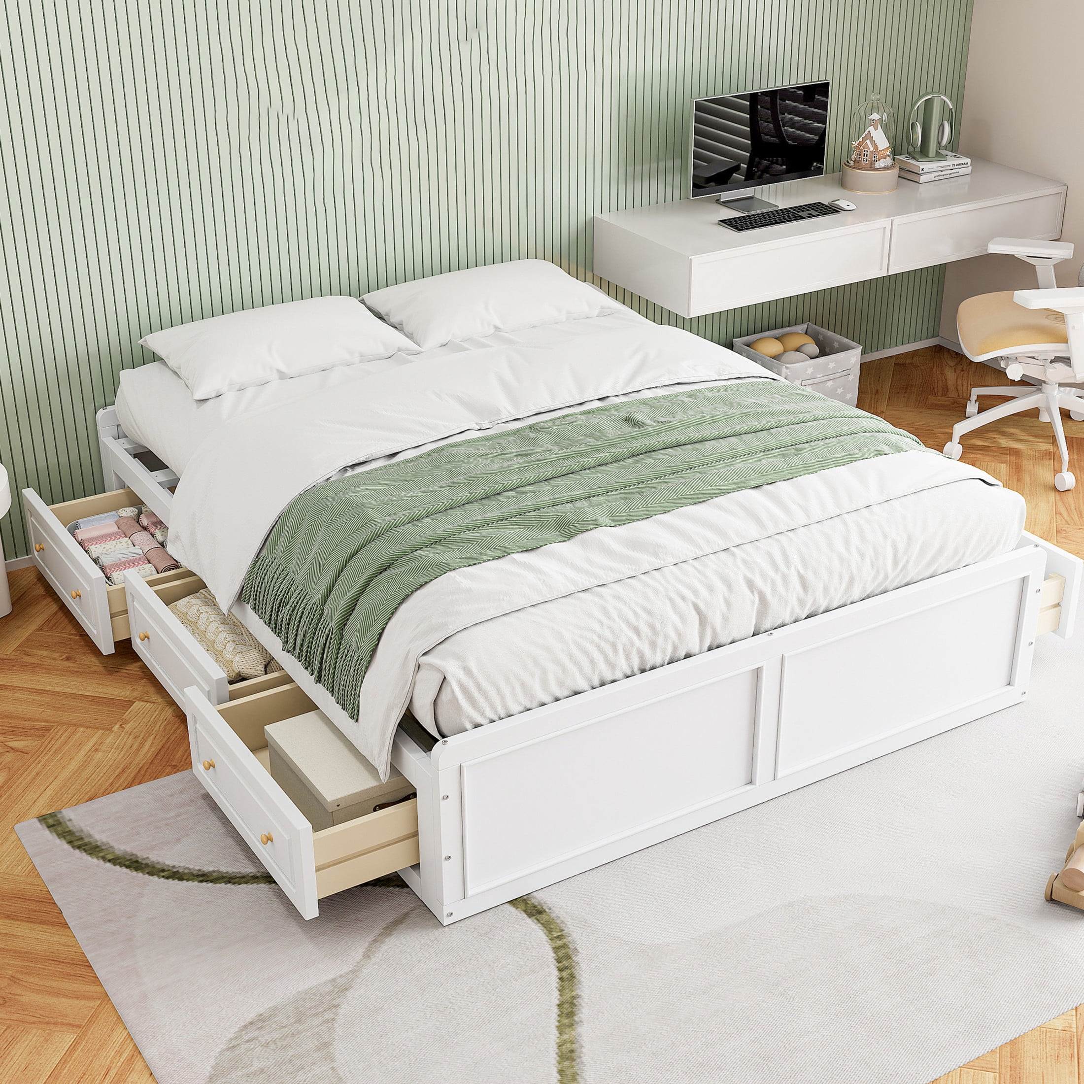 Noble House Elfield Queen Size Wood Platform Bed Frame with Storage Drawers, Solid Wood Slat Support, White