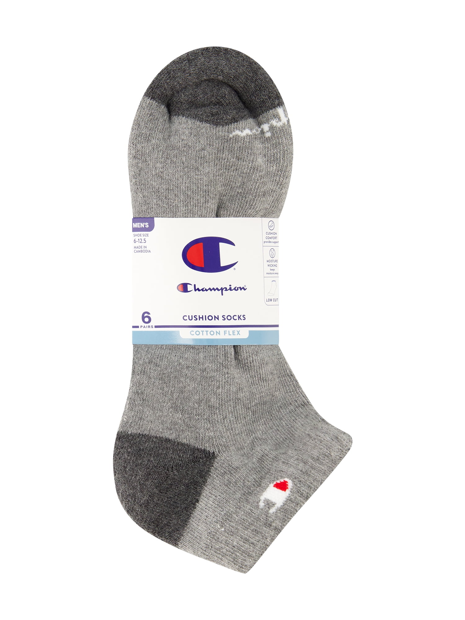 Champion Men’s Low Cut Socks 6 Pack – Half Terry Cushion, Moisture-Wicking, Arch Support, Stretch Comfort, Sizes 6–12.5