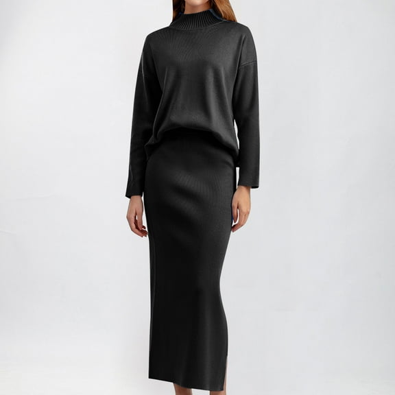Aboser Women's 2 Piece Sweater Dress Set Soft Knit Maxi Bodycon Skirt Mock Neck Sweaters Outfits Maxi Length Pencil Skirt Set