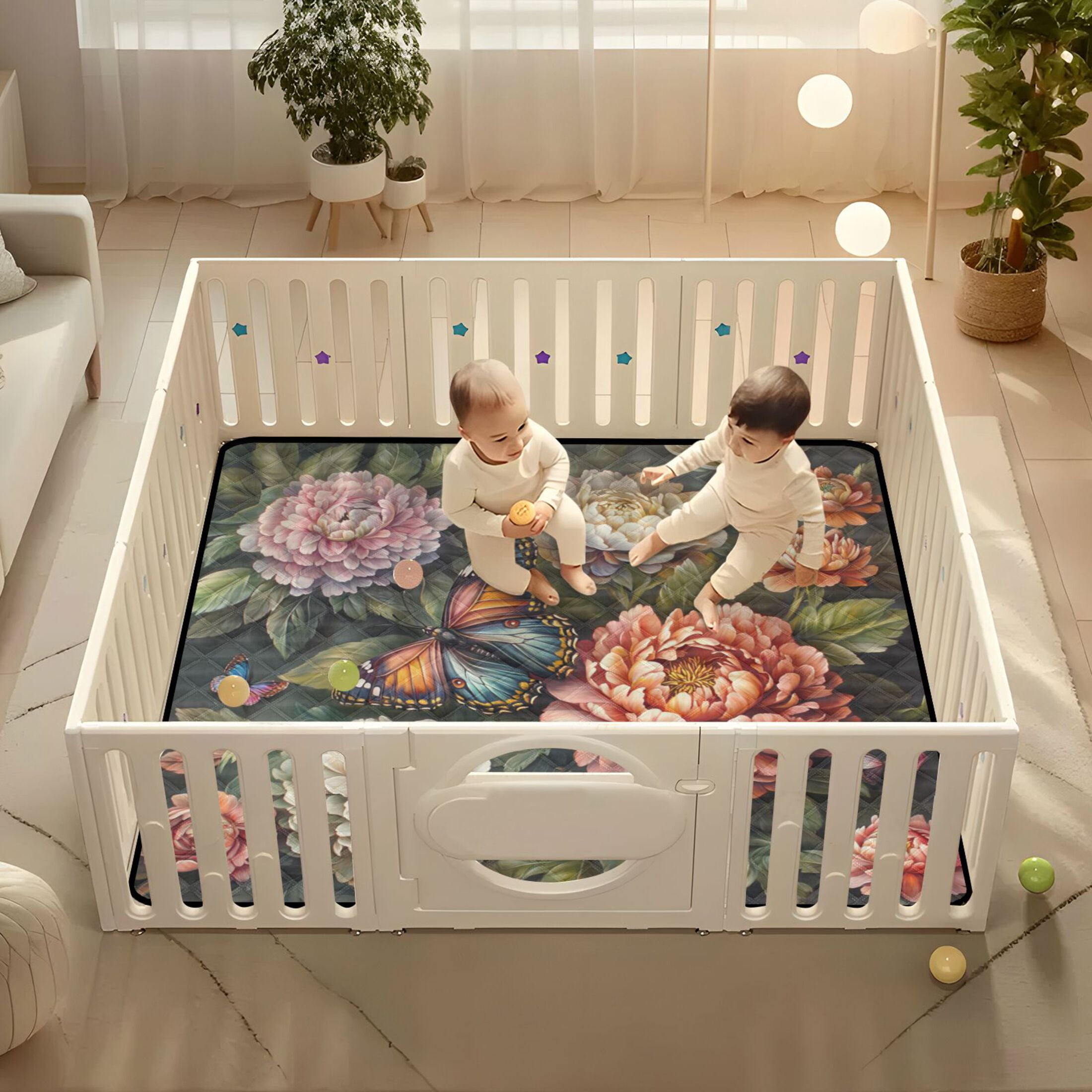 WOBOGO Peony Butterfly Painting Baby Playmats Extra Large Waterproof Rollable Activity Pads for Toddlers 50×50inch