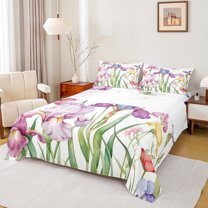 Manfei Colorful Cartoon Floral Queen Sheet Sets,Rustic Flower Flat Sheet,Green Purple White Queen Fitted Sheet For Children,Super Cozy Room Decor,4 Pieces