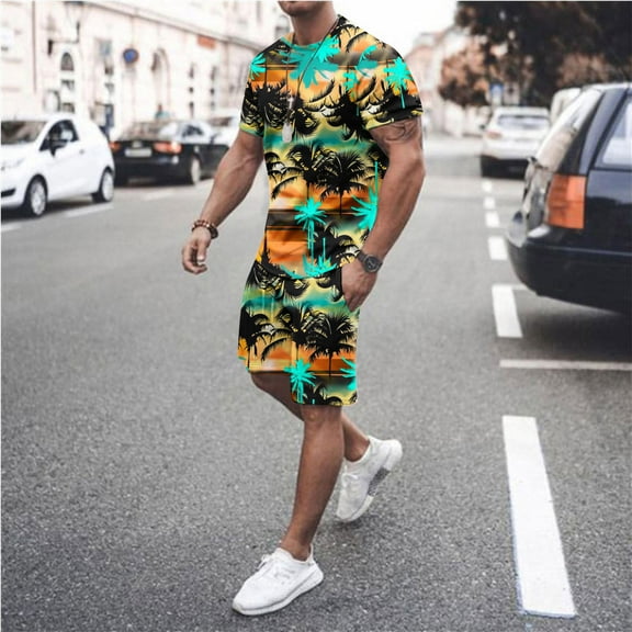 Edvintorg Summer Sets Men 2 Piece Outfits Hawaiian Print Short Sleeves Casual Beach Short Sleeve Round-Neck Shirts and Shorts Sets Men Clothing Army Green XL