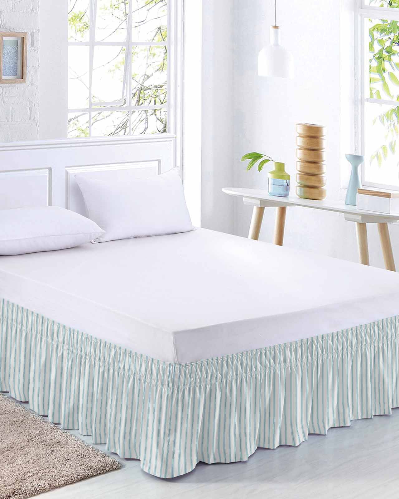 Blue Striped Bed Skirt King Size, Blue White Stripes Farmhouse Wrap Around Bed Skirting with Adjustable Elastic Strap, Dust Ruffled Pleated Bedskirts 18 Inch Drop for Bedroom King Beds