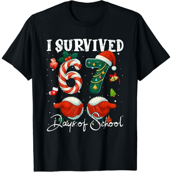 I Survived 67 Days of School Christmas Candy Cane Six Seven Adult T-shirt