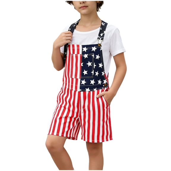 AIEOTT Kids USA Flag Overalls Shorts, Patriotic 4th of July Denim Bib Overalls with Pockets for Boys 5-13 Years
