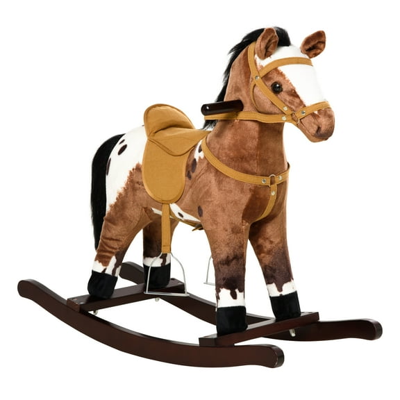 Qaba Kids Ride-On Rocking Horse Plush Animal Toy with Sounds, Dark Brown/White, Ages 3 